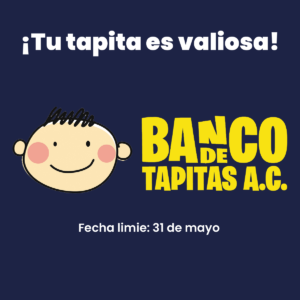 Dibujo de una cara de un niño con el texto banco de tapitas